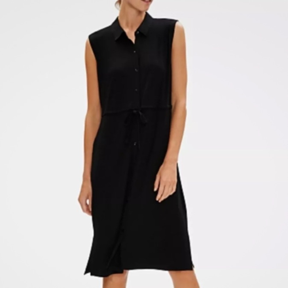 EILEEN FISHER black sleeveless collared dress, full button, generous size small.